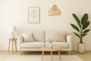 סלון מינימליסטי עם ספה לבנה, כריות ניטרליות, שולחן קפה מעץ עם צמח קטן וספר, שולחנות צד עם מנורה, אמנות קיר, מנורת תלייה מקש, וצמח גבוה בעציץ על רקע קיר בהיר.
