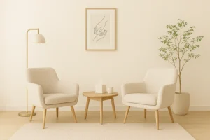 סלון מינימליסטי עם שני כורסאות בצבע שמנת, שולחן עץ עגול ביניהן, מנורת רצפה, עציץ וציור ממוסגר על קיר בהיר. החלל מואר ומעוצב בגוונים ניטרליים.